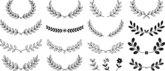 Set of different laurel wreaths vector illustration, a decorative black and white collection of leaf and flower icons on a white background © Creative _design