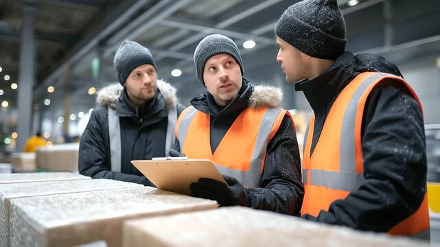 Team inspecting packages in snowy warehouse creaking metal roof crinkled plastic wrap on rusted conveyor. Dented clipboard with creased checklist frayed tarp on stack. Snow