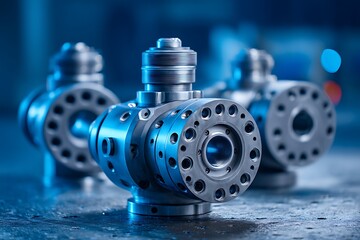 Industrial machine parts being assembled in a workshop, captured in close-up product photography against a blue background, highlighting engineering concepts.