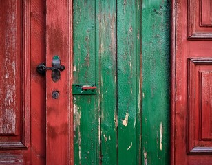 wooden door old weathered and cracked boards painted red and green color for background or texture