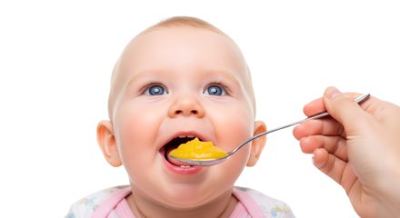 Close-up of a baby being fed pureed food with a spoon against a isolated on transparent background