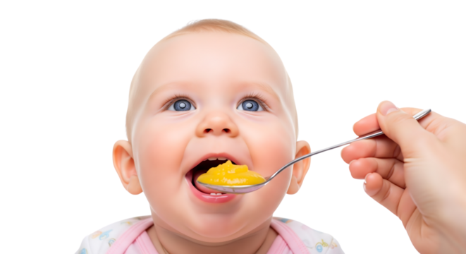 Close-up of a baby being fed pureed food with a spoon against a isolated on transparent background