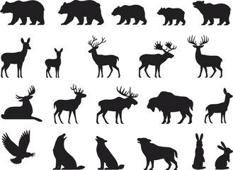 Naklejka premium Set of forest animals silhouettes, a collection of bears, deer, moose, rabbits, and eagles on a white background, flat vector