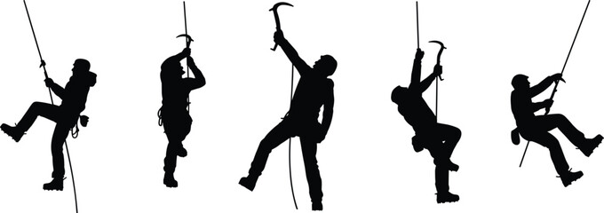 Set of five mountain climbers silhouettes, an illustration of people on ropes with climbing gear, flat vector © Creative _design