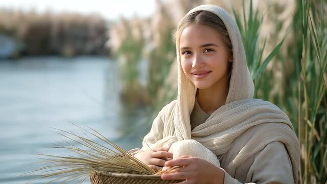 Woman weaving basket by river steady hands pliable reeds. Sleeping baby in tight wool blanket lapping water swaying rushes. Protective photo inspired by Moses infancy with ree