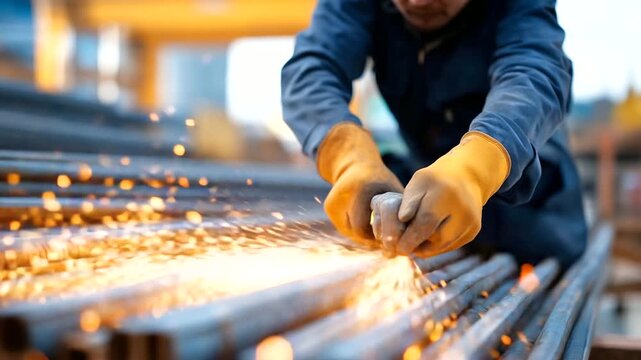 Worker cutting rebar at construction site sparks flying steel bars stacked safety gloves on concrete nearby. Gritty photo with sparks shiny rebar industrial vibe. three quart