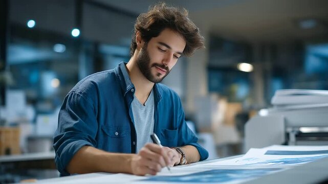 Young adult designing posters in freelance studio printers humming paper stacks sketches pinned. Creative photo with ink prints paper edges graphic energy. three quarter wide