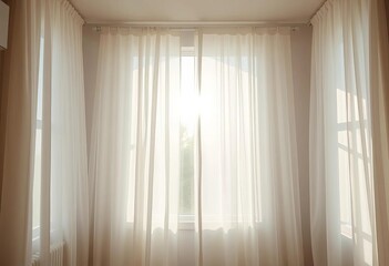 Sunlight streams through gauzy white curtains, illuminating a bright interior,  curtain fabric,  sun