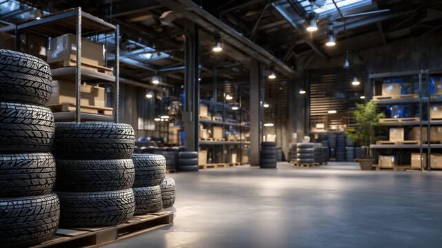 Explore a well-organized tire inventory with polished floors and warm industrial lighting, showcasing tire stacks on metal racks.