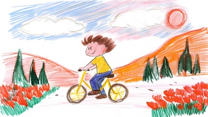 A colorful crayon drawing shows a smiling boy with brown hair on a yellow bike.