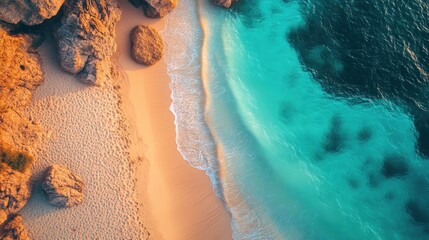 Aerial view of a tropical beach with golden sand, rugged rocks, and crystal clear turquoise ocean water
