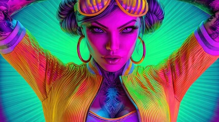 A vibrant portrait features a woman adorned with tattoos and futuristic glasses, set against a vivid, colorful backdrop.