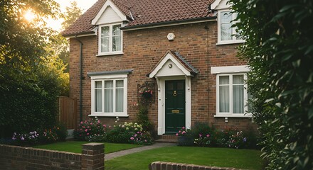 Close-up of a typical british residential house with small entrance garden