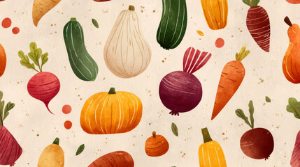 Hand-drawn illustration of a colorful vegetables. Watercolor style pattern on a beige background. Flat design. Generative AI