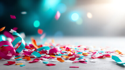 Colorful confetti scattered on a surface, creating a vibrant and festive atmosphere. Perfect for celebrations and joyful moments.