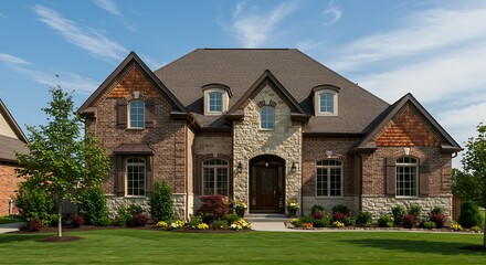 Obraz premium Suburban brick and stone home with cedar roof