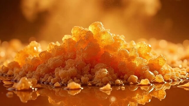 Close-up of bubbling golden crystals with warm light and reflections
