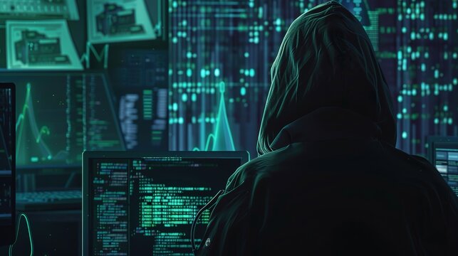 Cyber hacker,Hooded Hacker in Dark Cyber Space, Cybersecurity Threat, Anonymous Programmer Coding Malware, Digital Crime Scene, Hacker Attack on Computer Systems, Dark Web Hacking Activity - Powered by Adobe