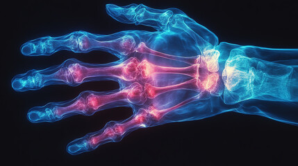 Detailed X-ray image of a human hand showcasing bone structure and joint highlights in vibrant colors for educational use.
