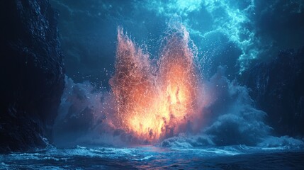 Fiery structure emerging from water