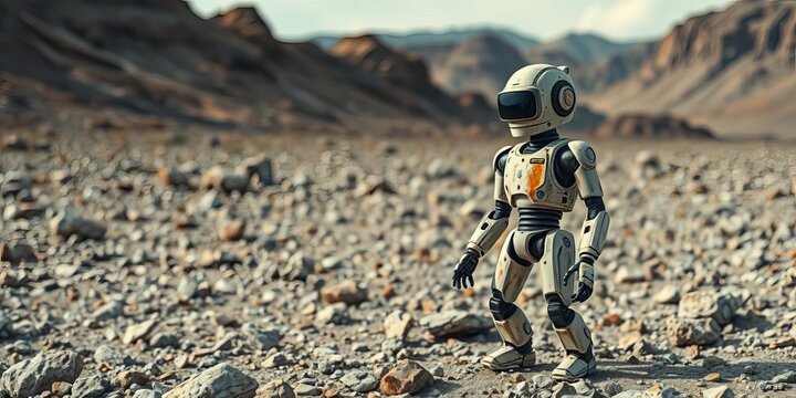 A lone, weathered robot stands in a desolate, rocky landscape,  isolated,  texture - Powered by Adobe