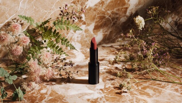Elegant dark lipstick tube displayed with dried flowers and natural textures.
