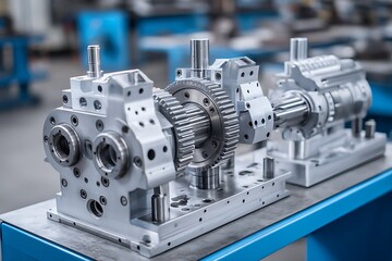 Industrial machine parts being assembled in a workshop, captured in close-up product photography against a blue background, highlighting engineering concepts.