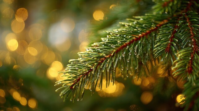 Pine branch with dew drops and glowing Christmas bokeh