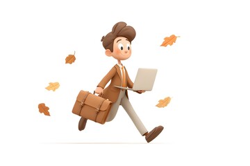 business man with a laptop in one hand and autumn leaves flying around, modern seasonal work vibe, 3d animation, isolated on a white background