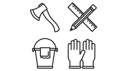 DIY Tools Icons Axe, Ruler, Pencil, Bucket, Gloves - Line Art