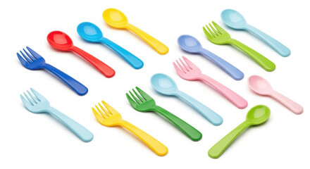 Colorful plastic utensils mockup featuring forks and spoons arranged in a playful manner, ideal for children's dining concepts and vibrant kitchen designs with copy space
