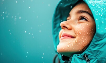 A joyful woman in a turquoise hood looks up, experiencing the rain, with droplets on her skin. A serene moment in the outdoors.