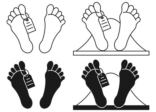 Set of graphic morgue illustrations showing human feet with toe tag for autopsy or crime themes. Morgue feet with tag. Dead body feet icon. Forensic autopsy illustration. Crime scene morgue symbol.