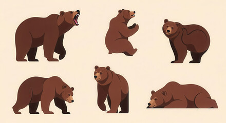 Obraz premium Brown bear illustrations showcasing various poses and expressions, highlighting the majestic creature's features and playful nature during Fat Bear Week celebration