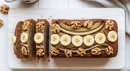 banana bread,. Banana bread topped with sliced bananas and walnuts, beautifully arranged on a wooden cutting board, showcasing a delicious homemade treat with inviting textures and colors