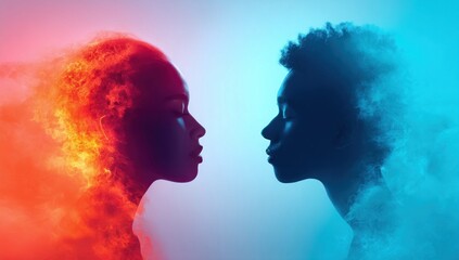 A creative visual depicting two people facing each other, with one enveloped in flames and the other in ice, symbolizing contrast.