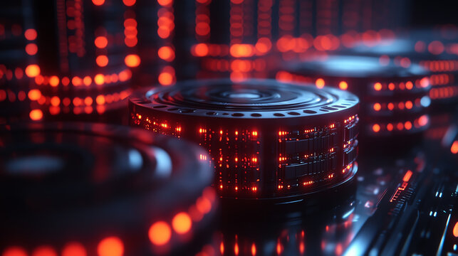 Futuristic data storage visualization featuring glowing disks and intricate circuitry in a vibrant red hue.