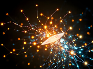 Vibrant abstract digital network showcasing interconnected data points, technology, AI, communication, and information flow.