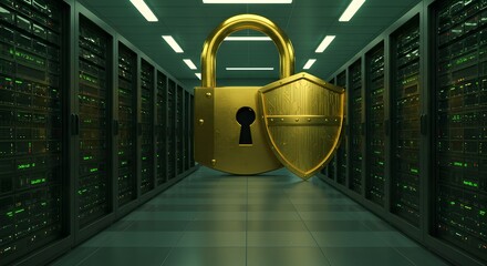 Secure data center with golden padlock and shield safeguarding servers, representing cyber security and digital protection, promoting trust and safety