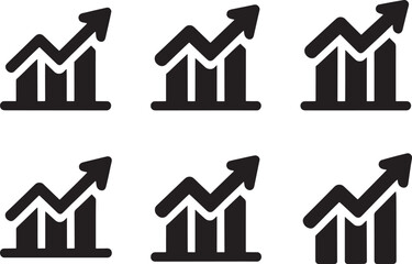 Six identical black bar chart icons with upward trending arrows on white background graph statistics