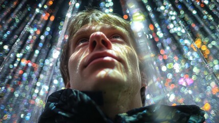 Man Contemplating Light Installation - A Moment of Reflection and Wonder.