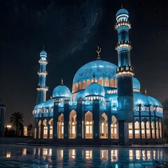 Cinematic Futuristic Glass Mosque Shining White Lights during Ramadan Evening