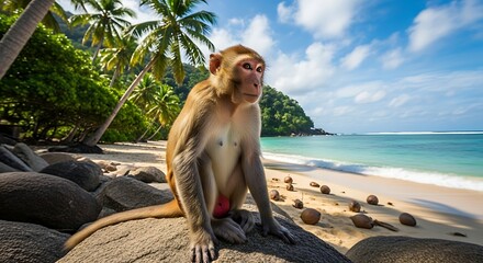 Monkey Relaxing on Tropical Beach.