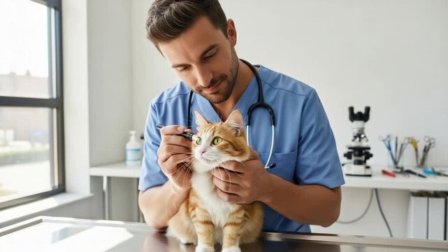 Veterinarian examining a ginger cat's ear with a penlight in a bright clinic examination room setting