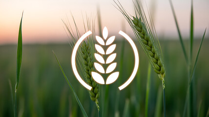 Wheat field at sunset with a glowing wheat ear symbol overlay