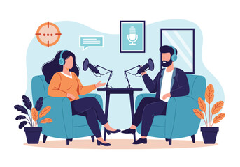 Two people having a podcast interview in a studio.