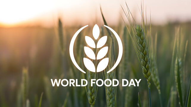 World Food Day logo displayed over a golden wheat field at sunset