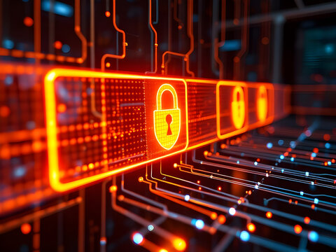 Cybersecurity Data Protection: Glowing Padlocks on a Futuristic Digital Circuit Board Network, Representing Online Security & Privacy