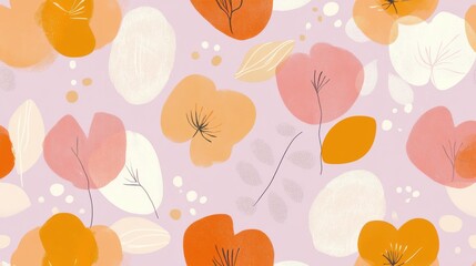 A whimsical and colorful abstract floral pattern with soft pastel hues of orange, pink, and cream against a light lavender background, evoking a sense of gentle spring