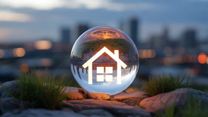 A transparent glass sphere with a house icon inside, placed on rocks with a cityscape in the background at dusk.
